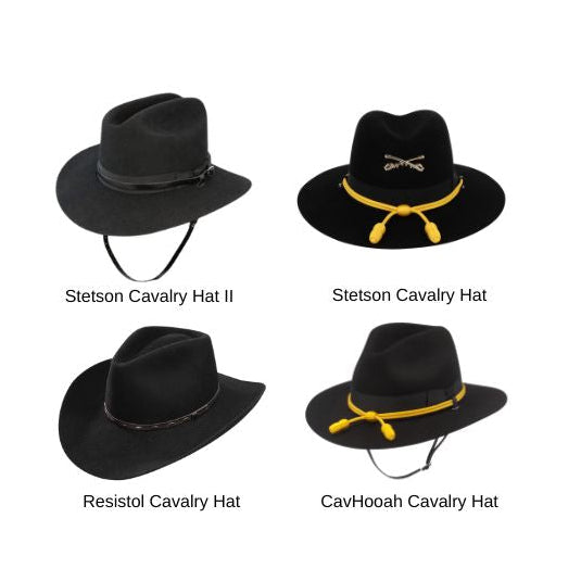 Four different styles of Cavalry hats from Stetson, Resistol and Cavhooah